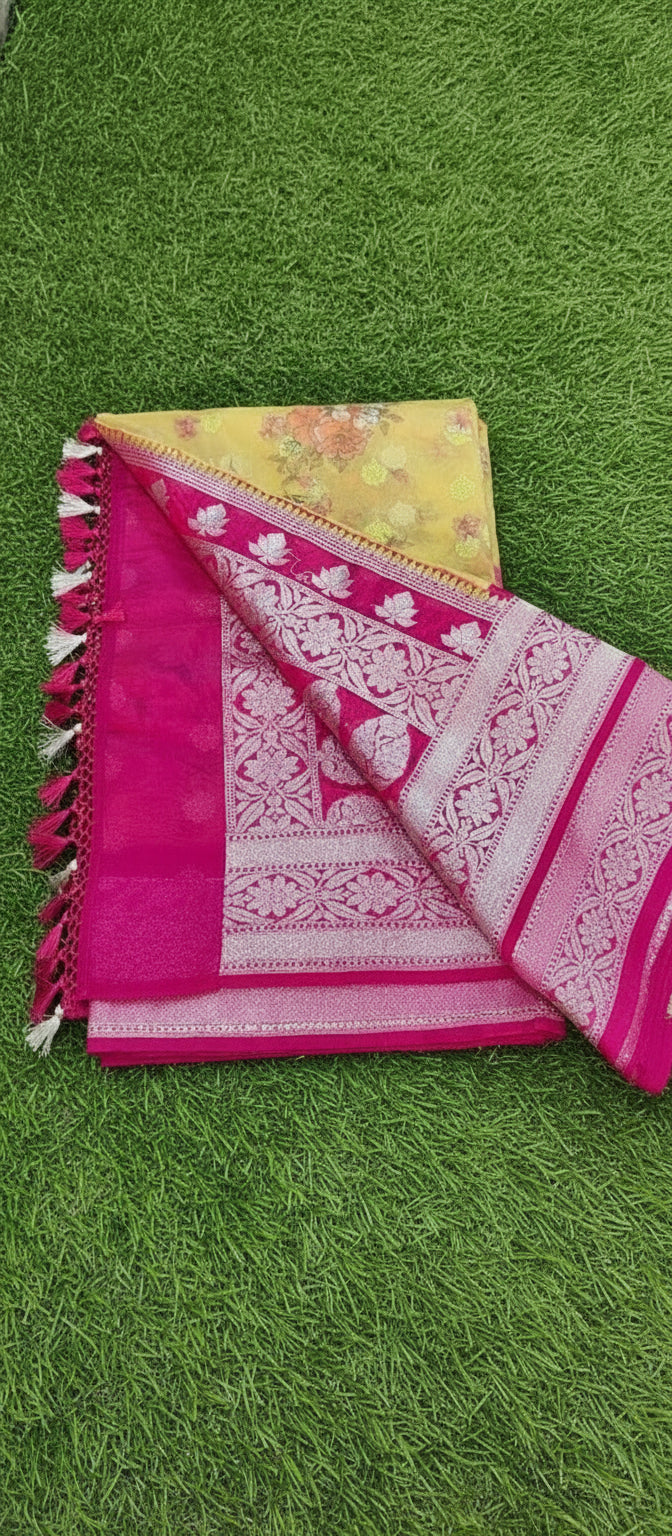 Yellow Floral Digital Print Banarasi Saree