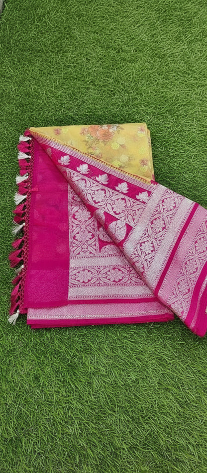 Yellow Floral Digital Print Banarasi Saree