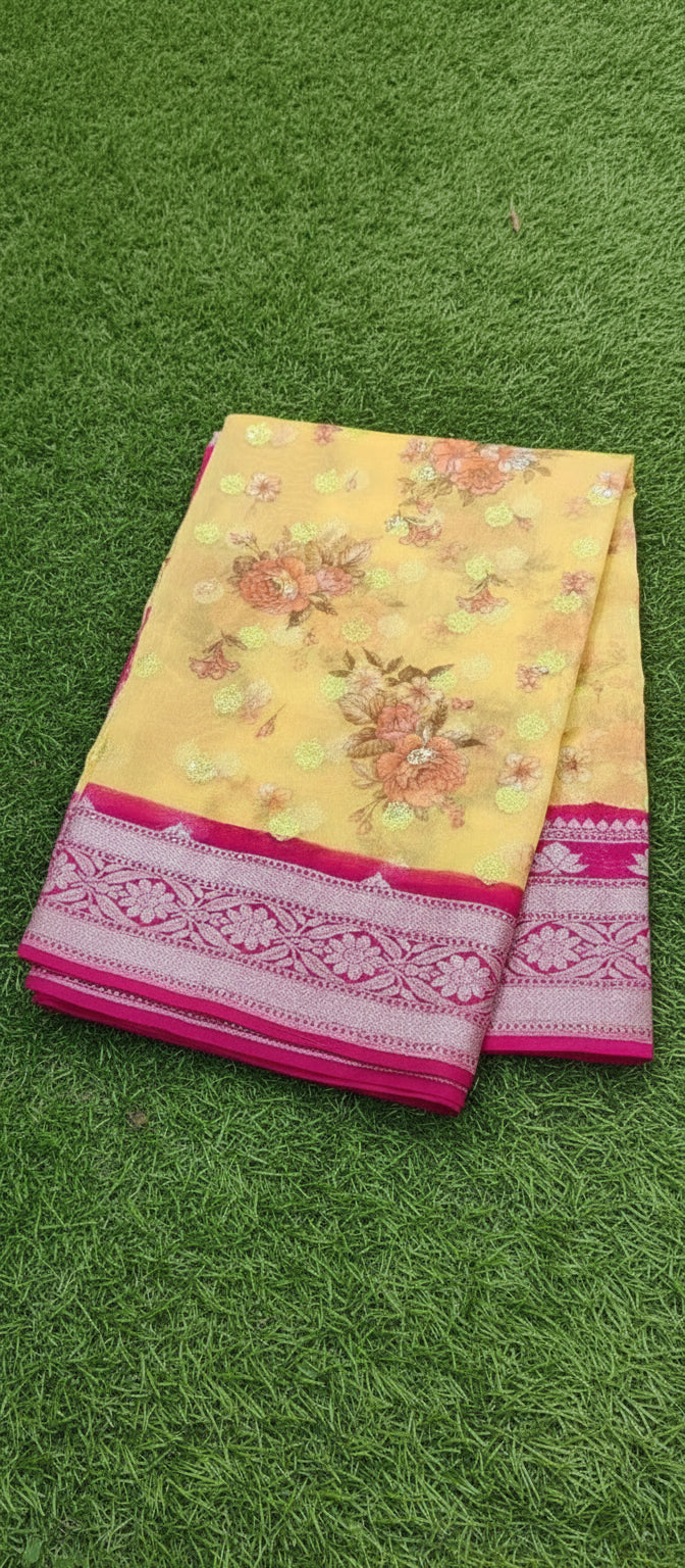 Yellow Floral Digital Print Banarasi Saree