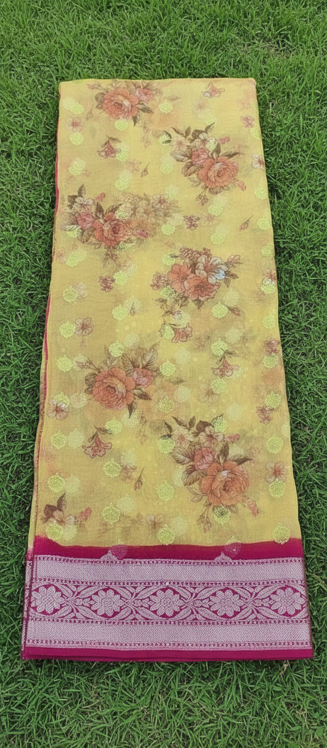 Yellow Floral Digital Print Banarasi Saree