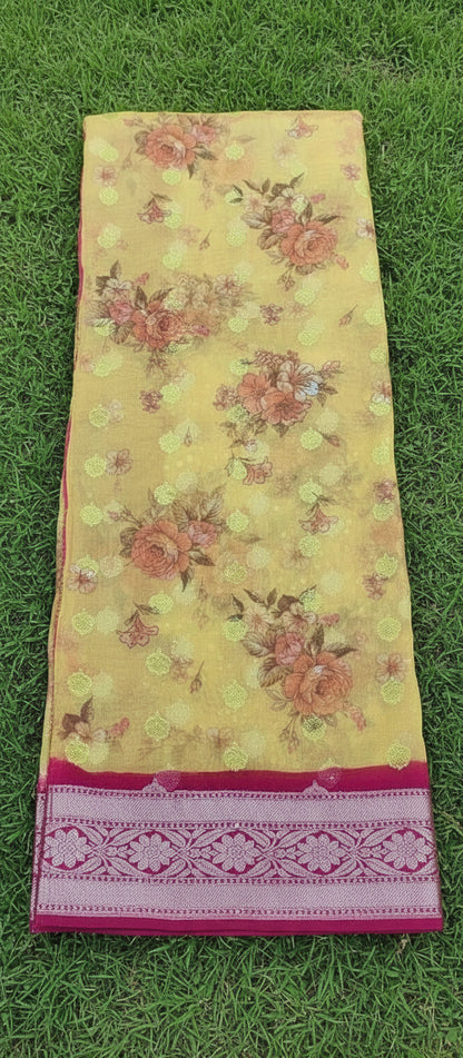 Yellow Floral Digital Print Banarasi Saree