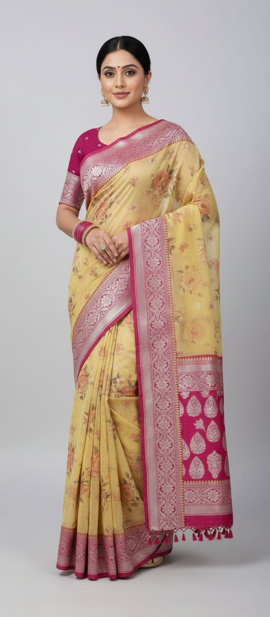 Yellow Floral Digital Print Banarasi Saree