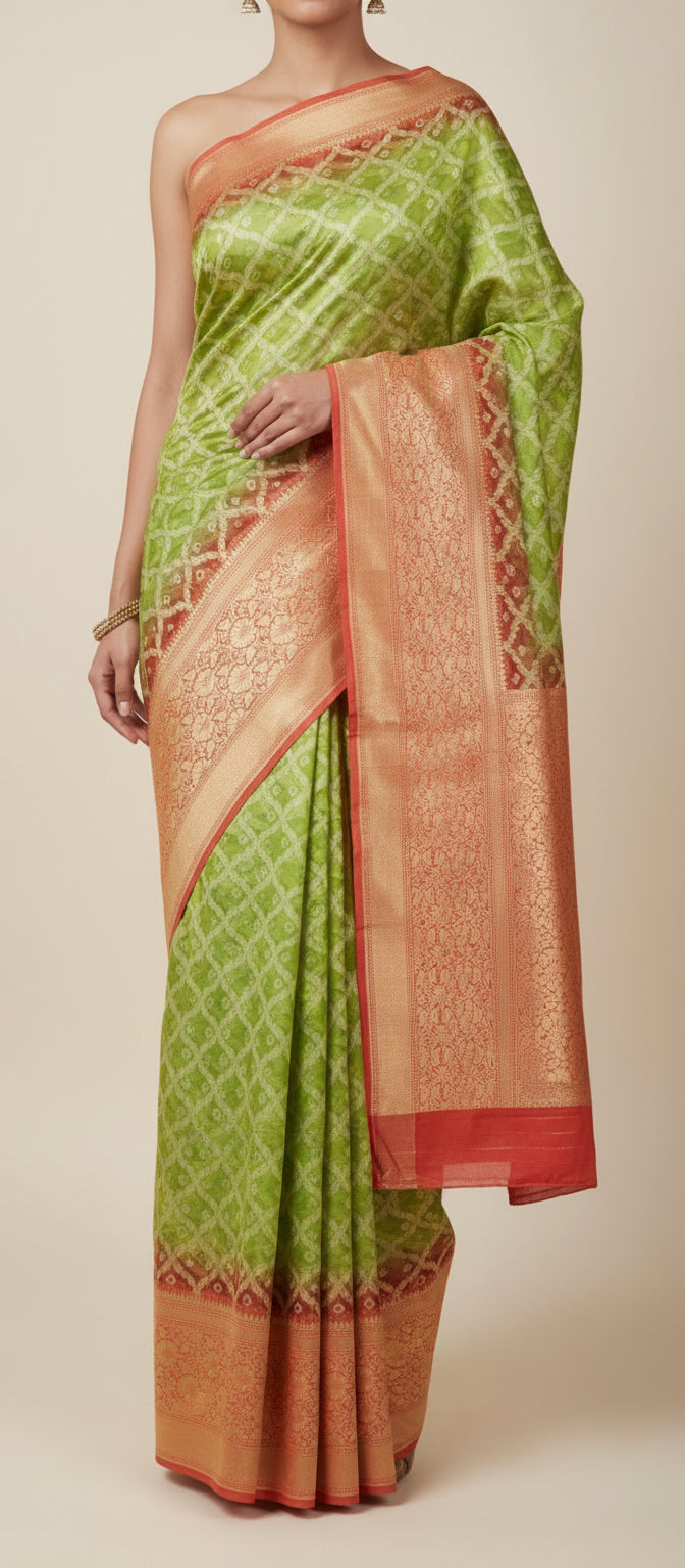 Parrot Green Semi Banarasi Saree