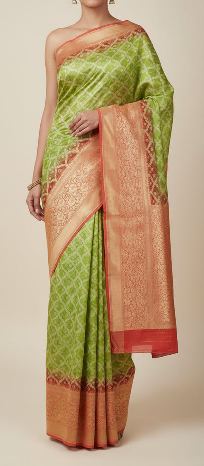 Parrot Green Semi Banarasi Saree