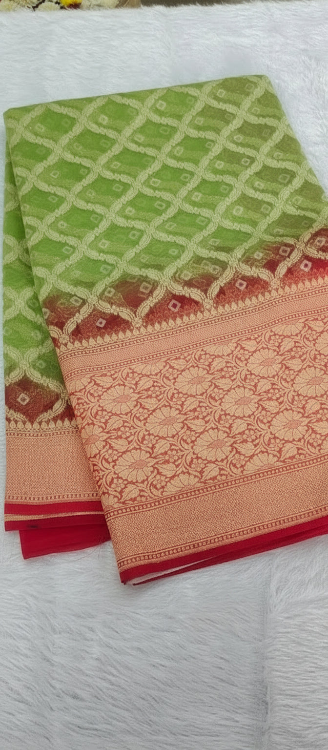 Parrot Green Semi Banarasi Saree