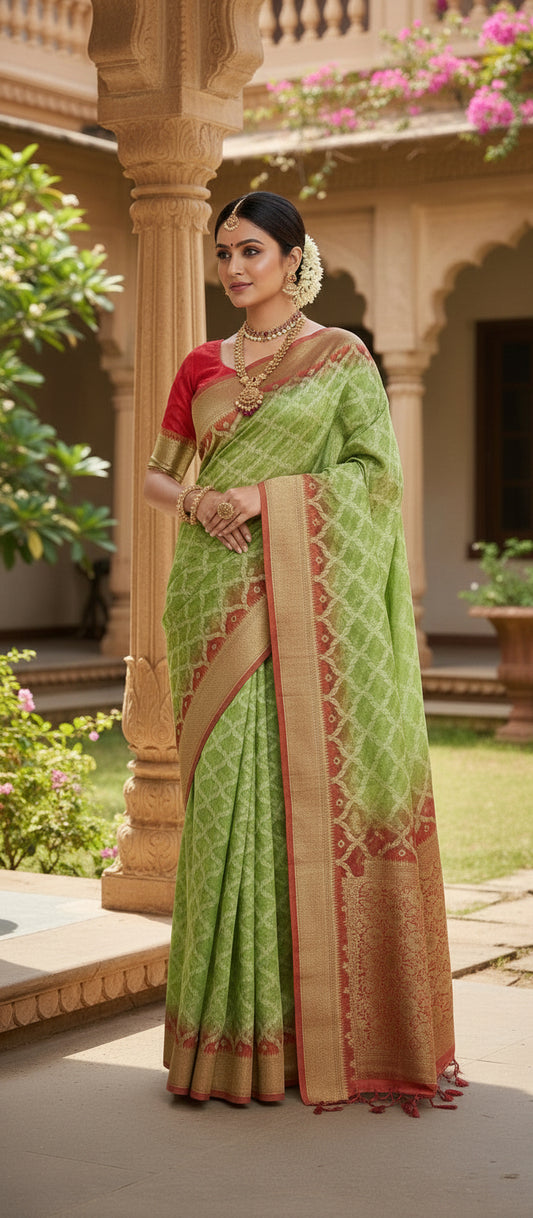 Parrot Green Semi Banarasi Saree