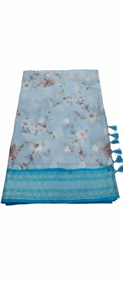 Pastel Blue Digital Print Banarasi Saree