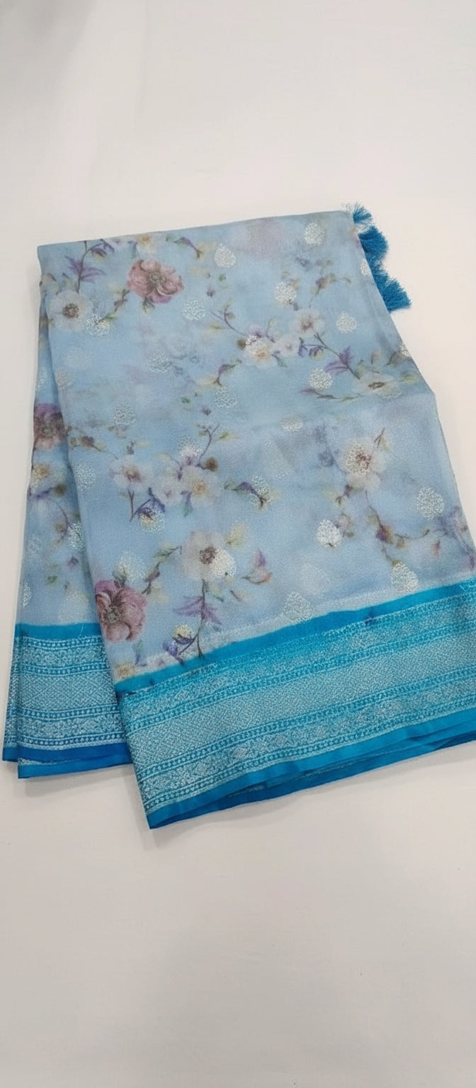 Pastel Blue Digital Print Banarasi Saree