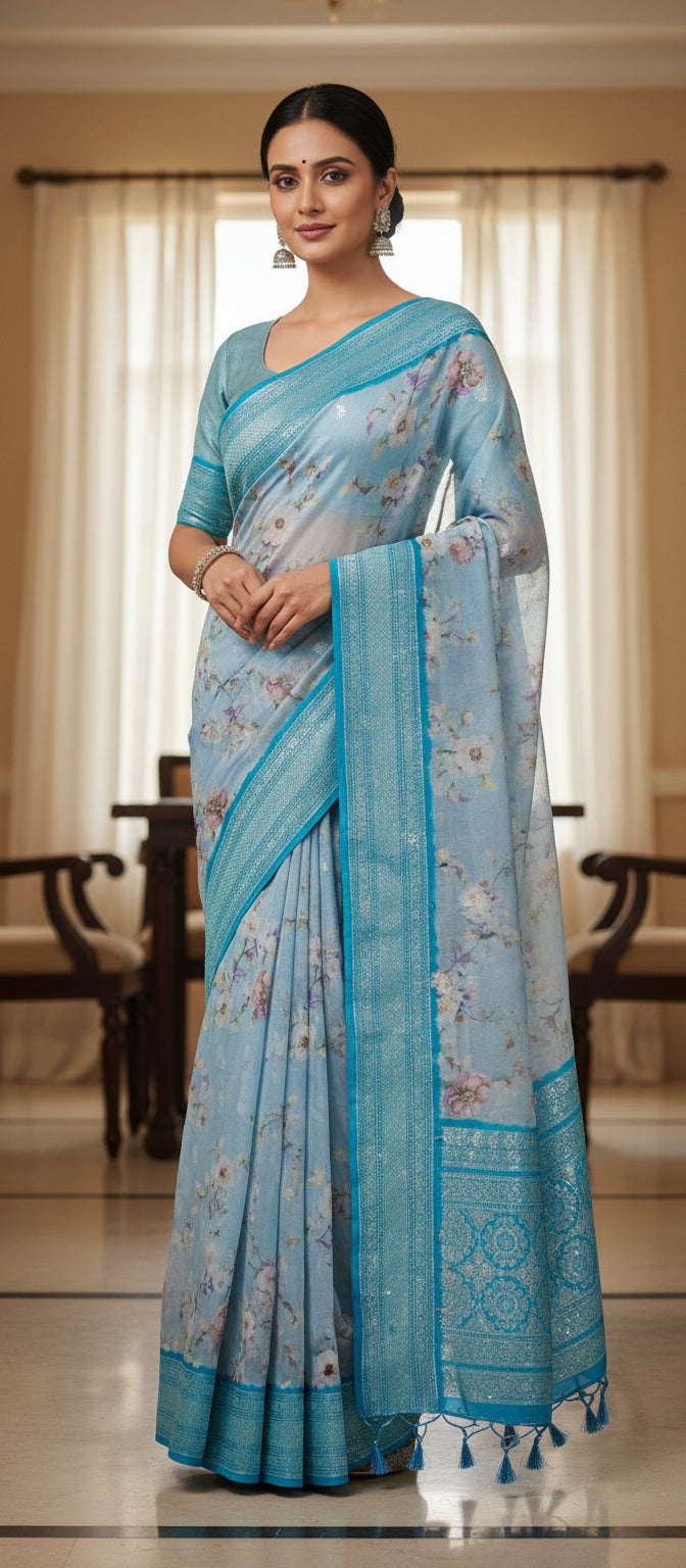 Pastel Blue Digital Print Banarasi Saree
