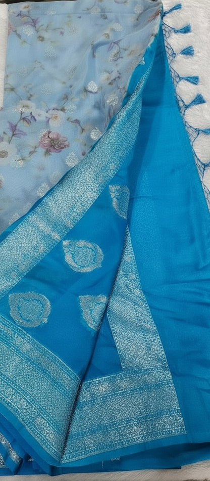 Pastel Blue Digital Print Banarasi Saree