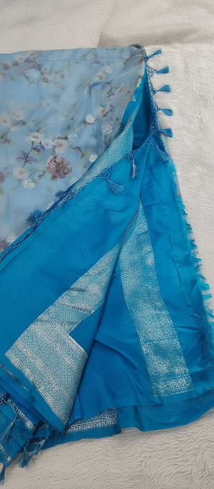 Pastel Blue Digital Print Banarasi Saree