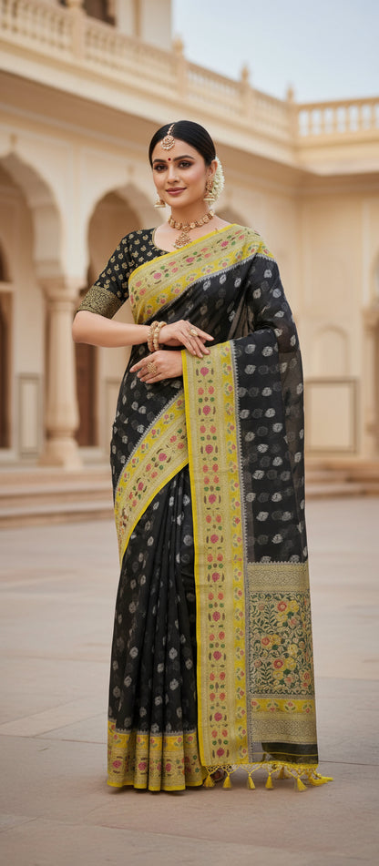 Semi Banarasi Dark Grey Saree
