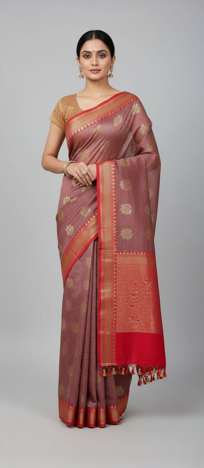 Rusty Pink Semi Banarasi Saree