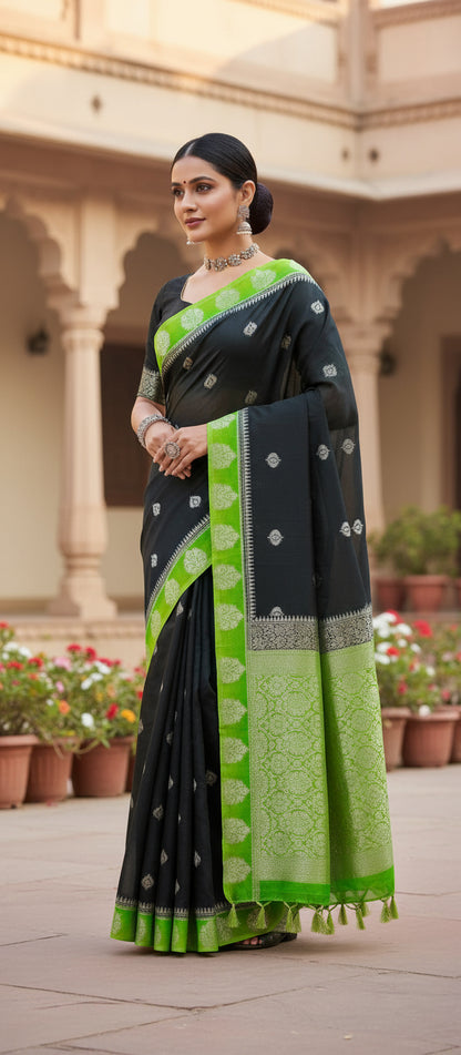 Navy Blue Semi Banarasi Saree
