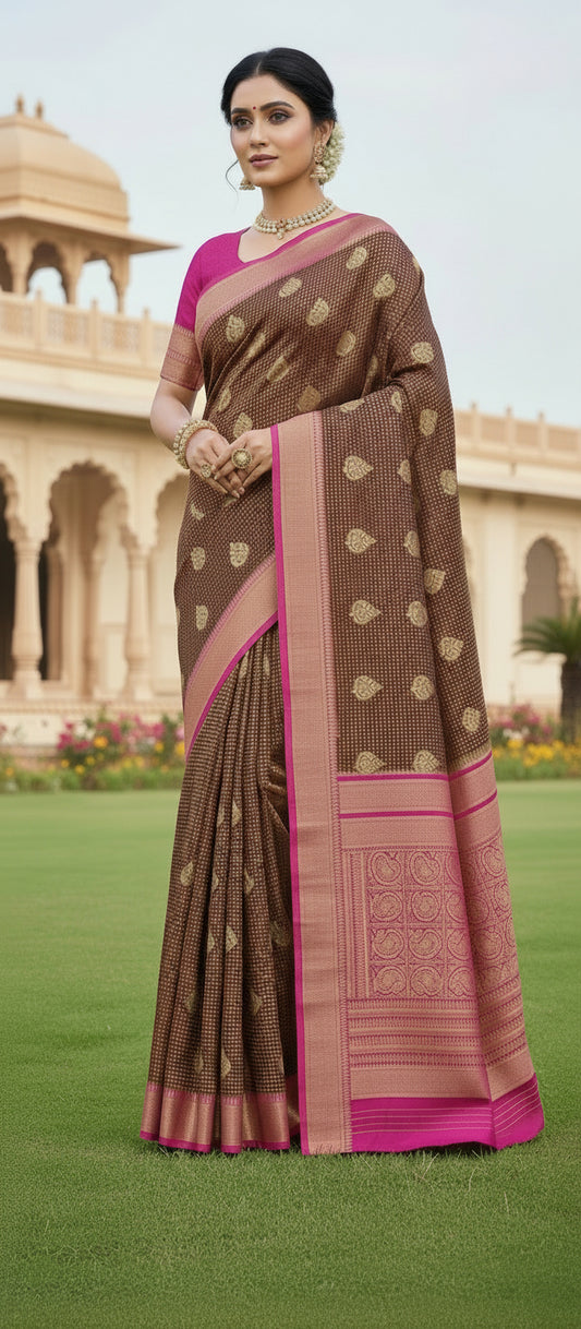 Semi Banarasi Dark Brown Saree