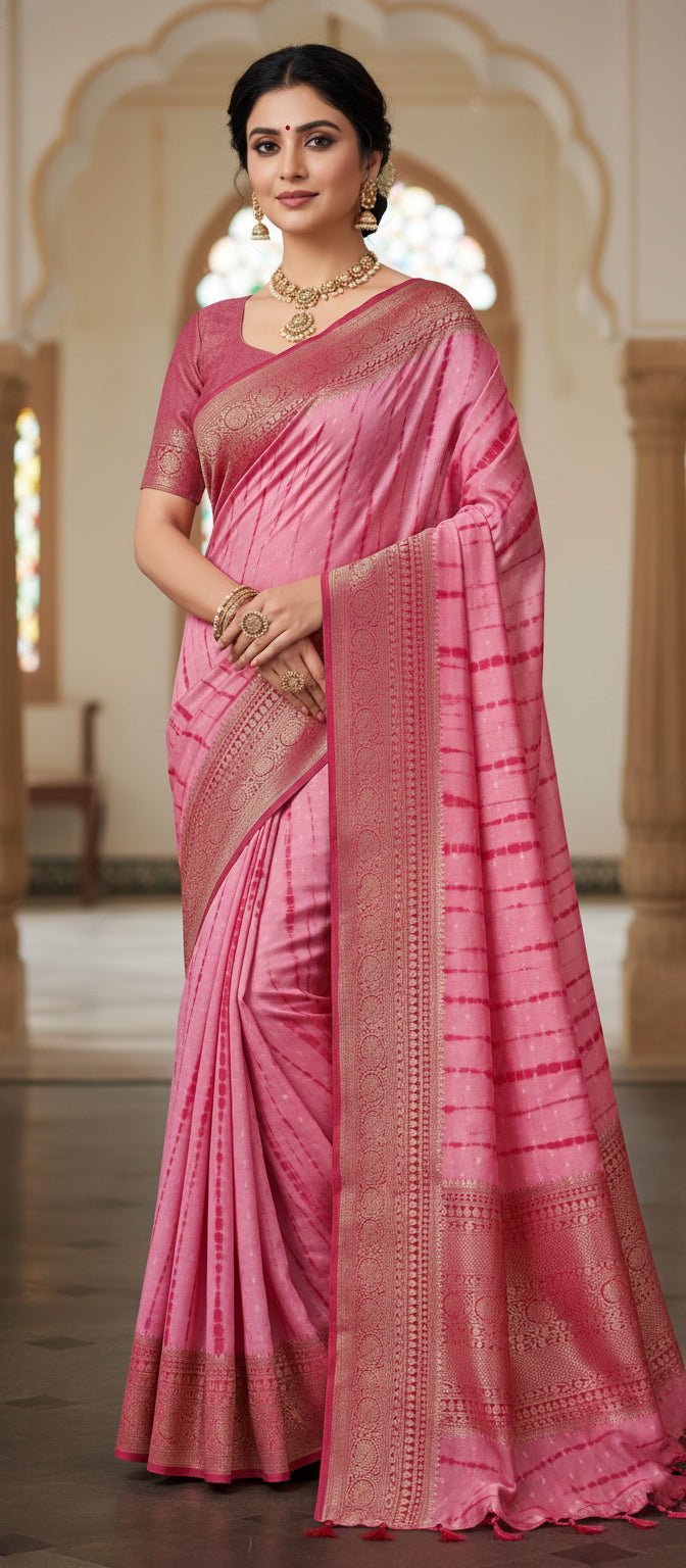 Baby Pink Lehariya Banarasi Saree