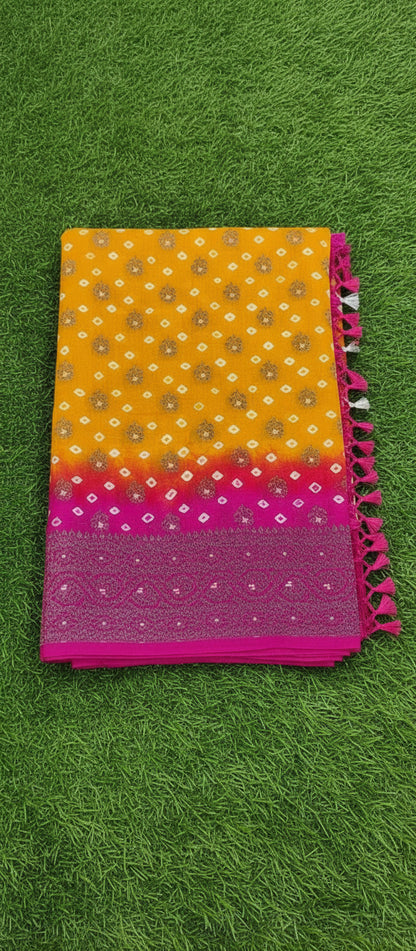 Mango Yellow Semi Banarasi Bandhini Saree