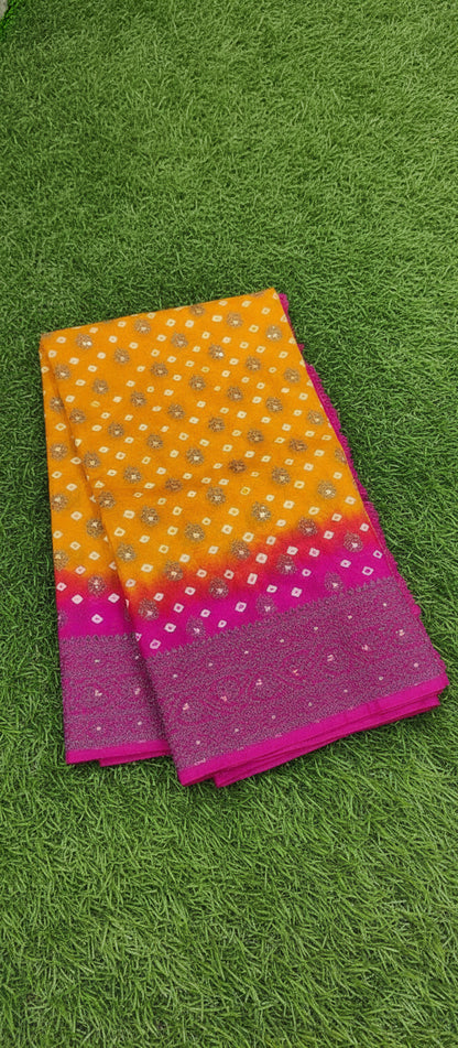 Mango Yellow Semi Banarasi Bandhini Saree