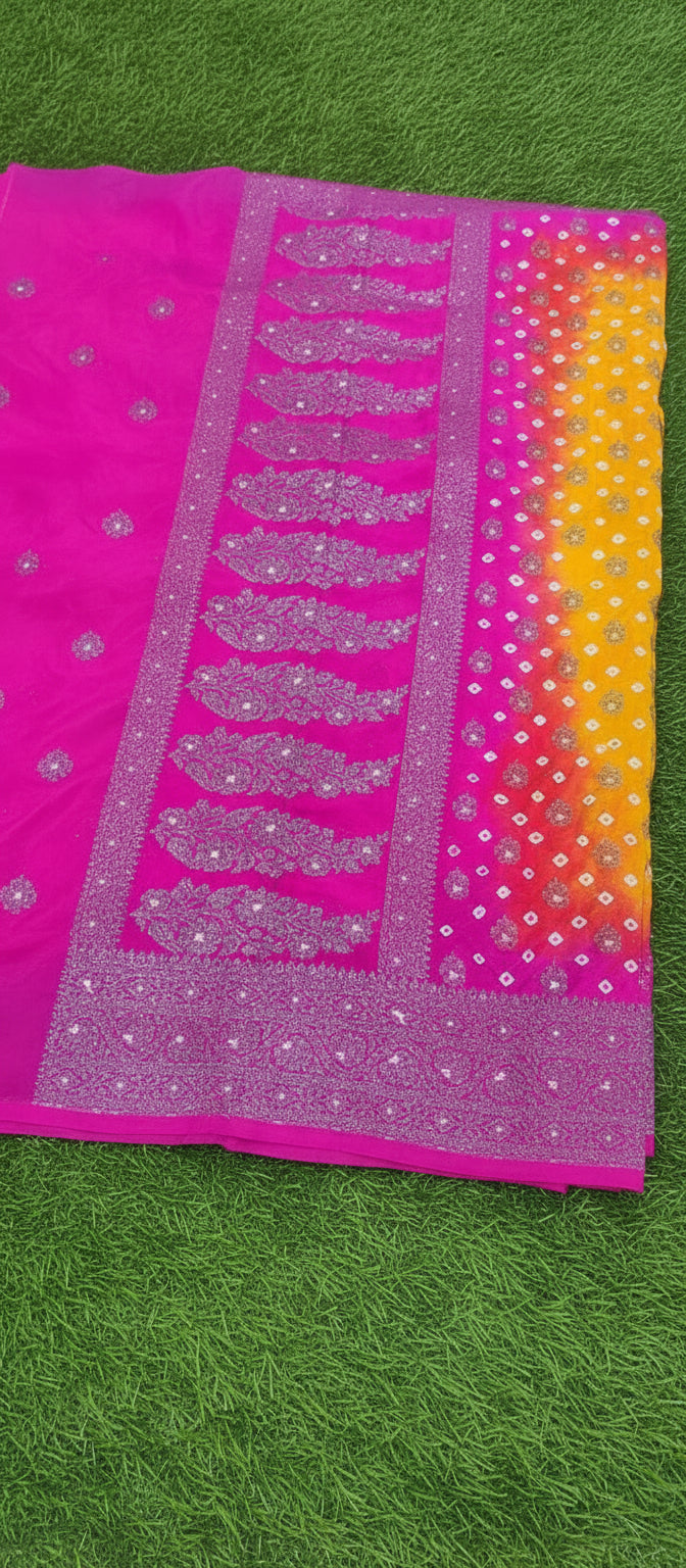 Mango Yellow Semi Banarasi Bandhini Saree