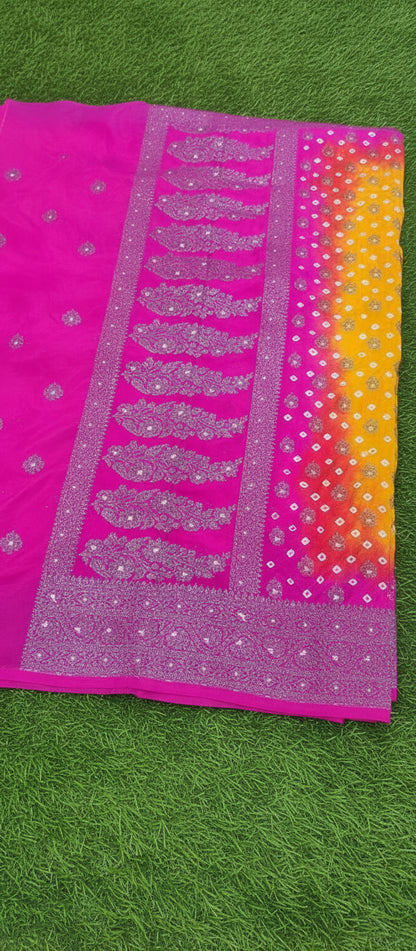 Mango Yellow Semi Banarasi Bandhini Saree