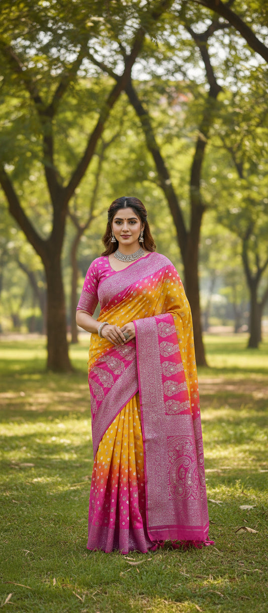 Mango Yellow Semi Banarasi Bandhini Saree