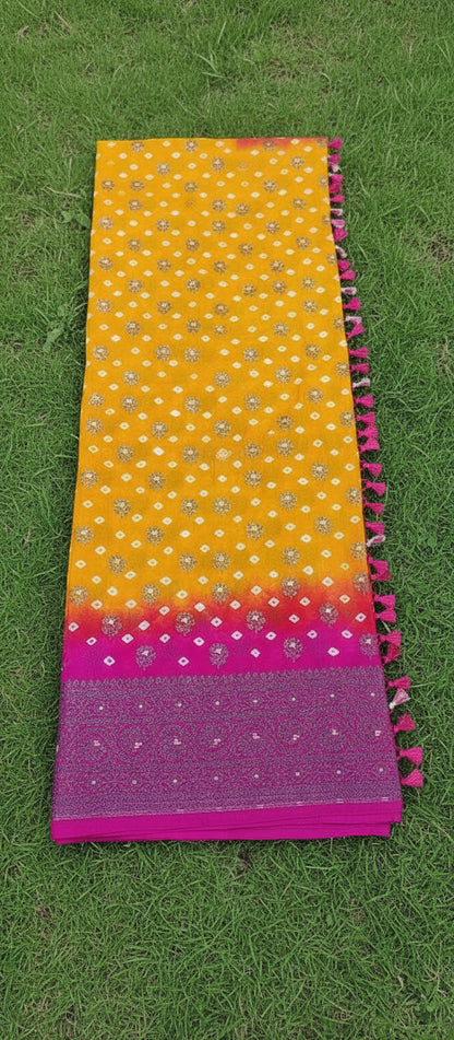 Mango Yellow Semi Banarasi Bandhini Saree