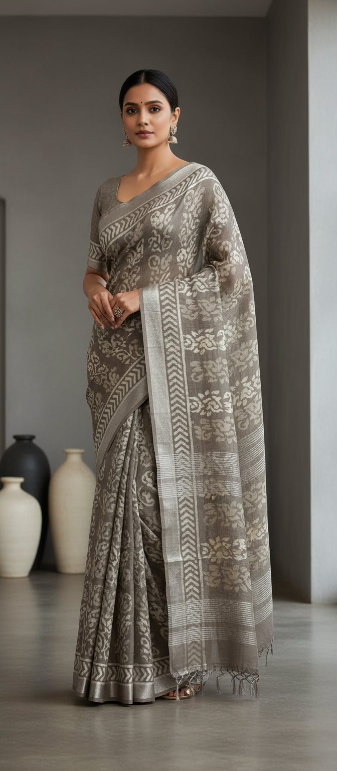 Block Print Brownish-Grey Linen Saree