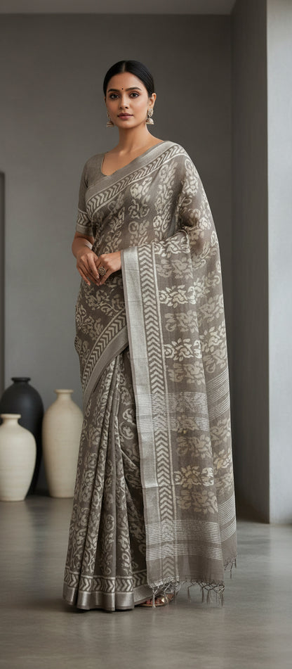 Block Print Brownish-Grey Linen Saree