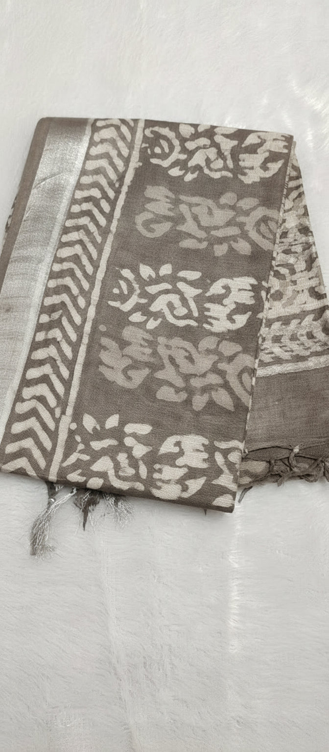 Block Print Brownish-Grey Linen Saree