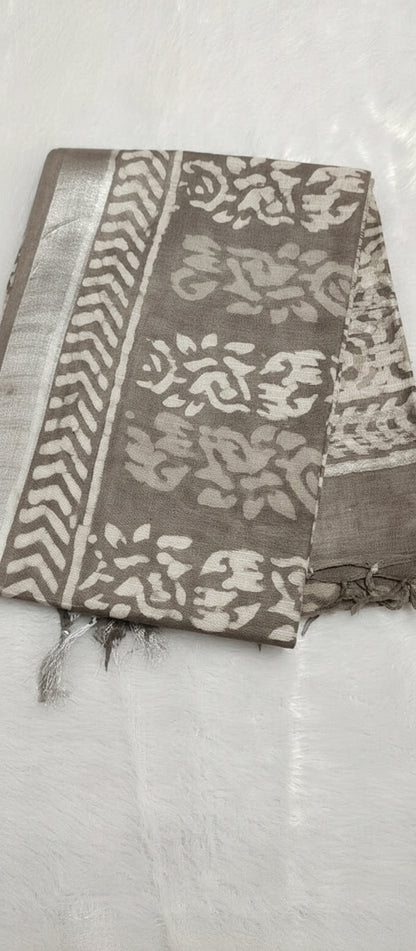 Block Print Brownish-Grey Linen Saree
