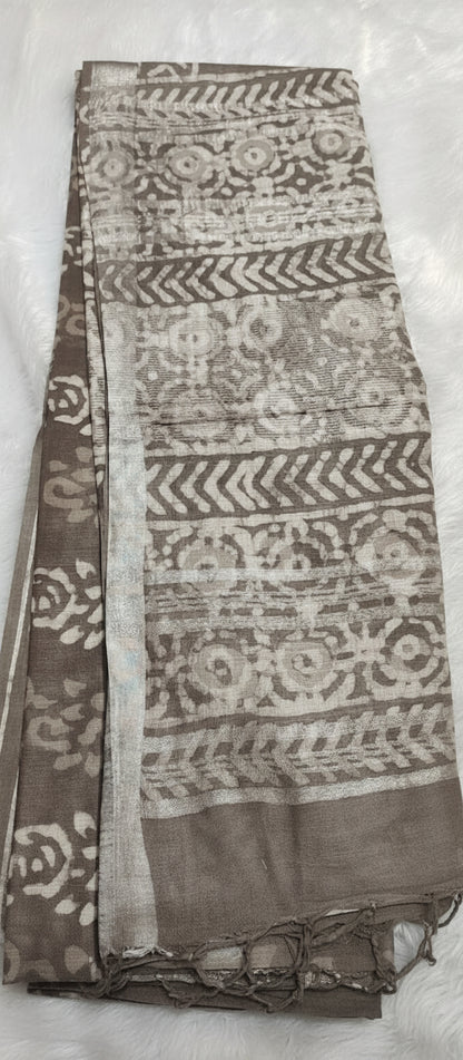 Block Print Brownish-Grey Linen Saree
