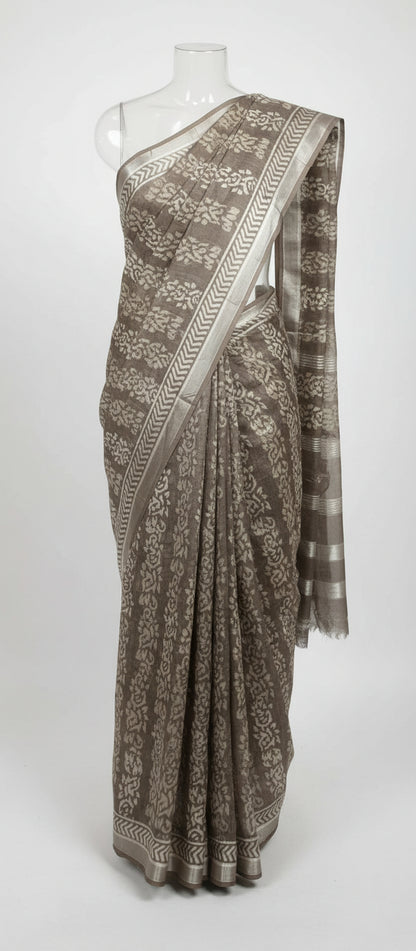 Block Print Brownish-Grey Linen Saree