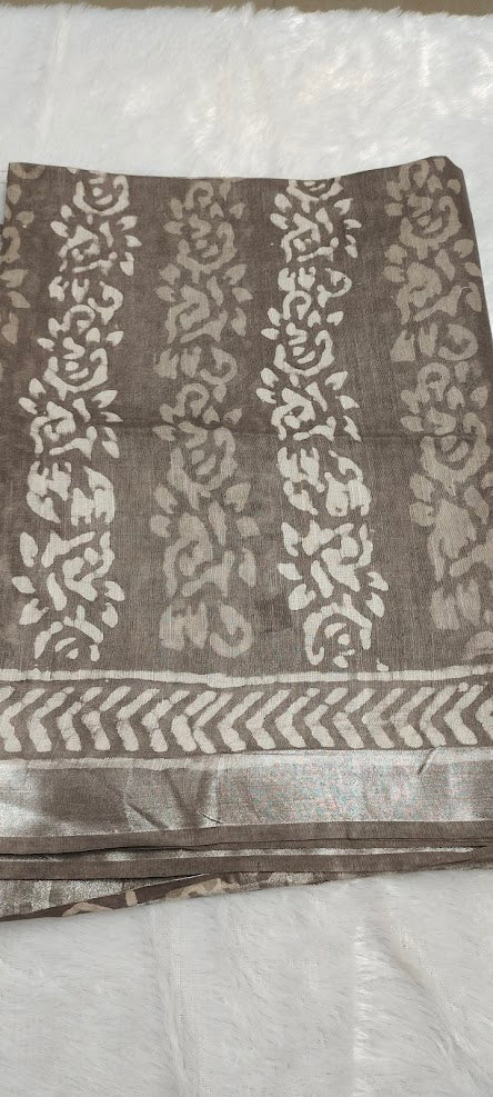 Block Print Brownish-Grey Linen Saree