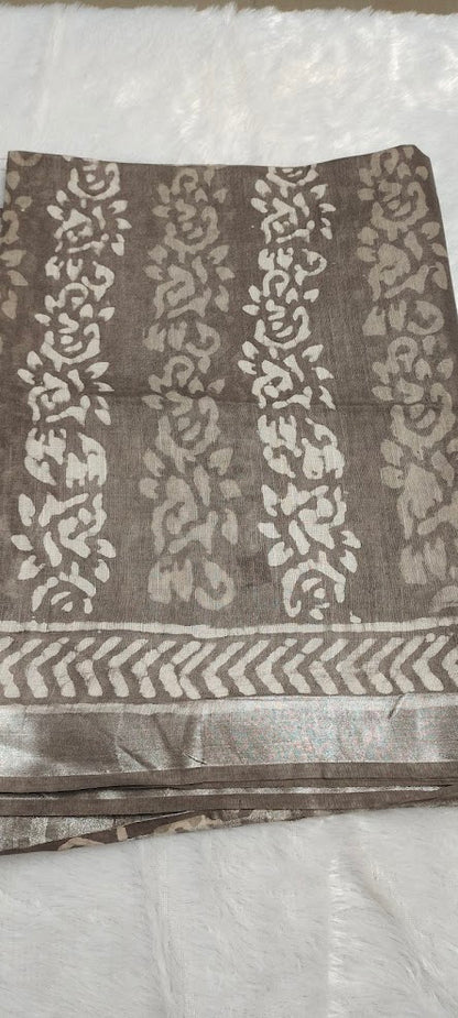 Block Print Brownish-Grey Linen Saree