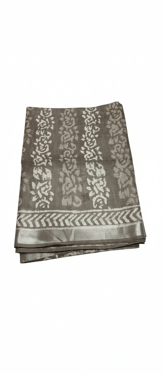 Block Print Brownish-Grey Linen Saree