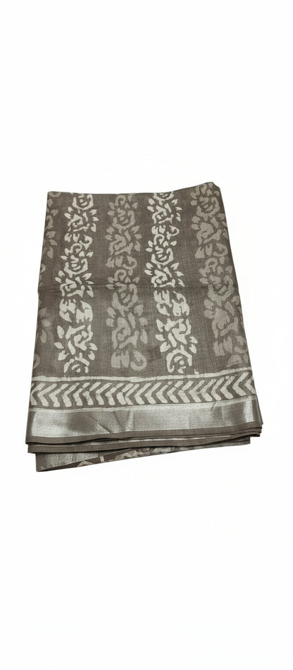 Block Print Brownish-Grey Linen Saree