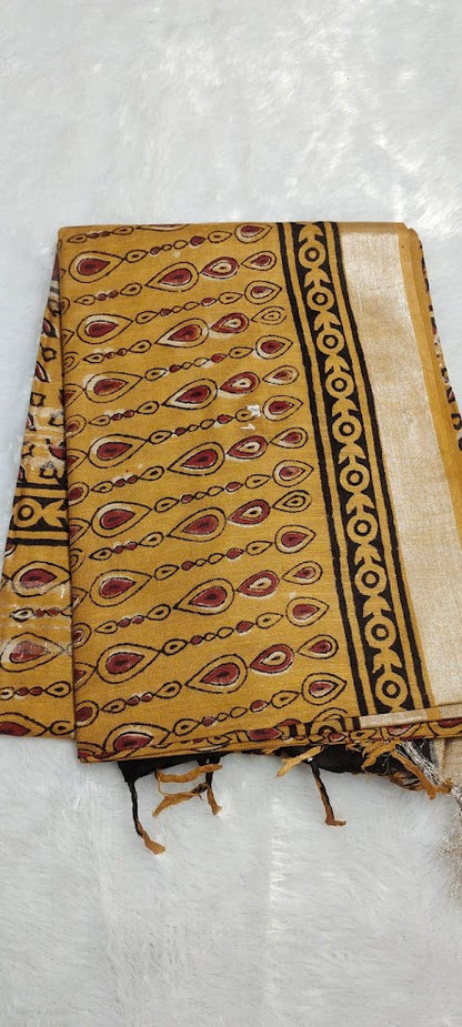 Block Print Mustard Yellow Linen Saree