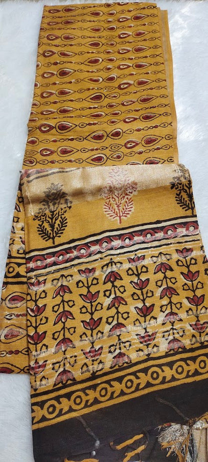 Block Print Mustard Yellow Linen Saree