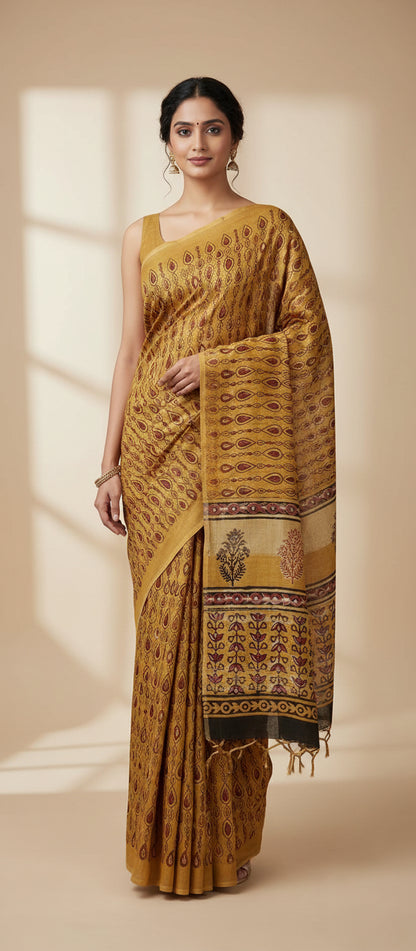 Block Print Mustard Yellow Linen Saree