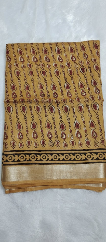 Block Print Mustard Yellow Linen Saree