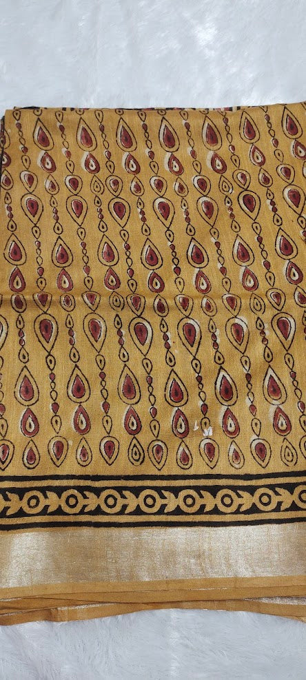 Block Print Mustard Yellow Linen Saree