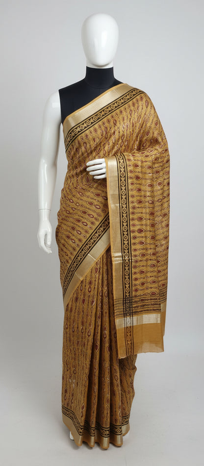 Block Print Mustard Yellow Linen Saree