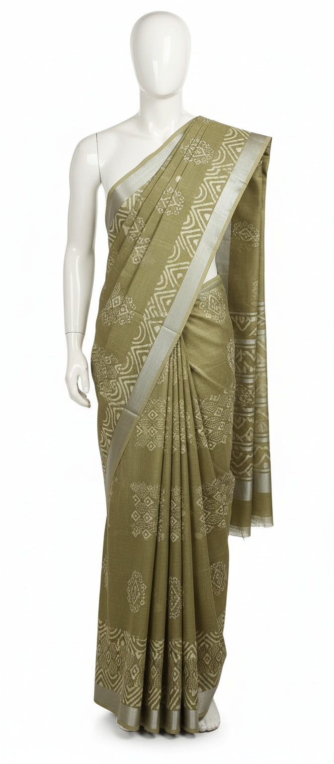 Block Print Methi Green Linen Saree