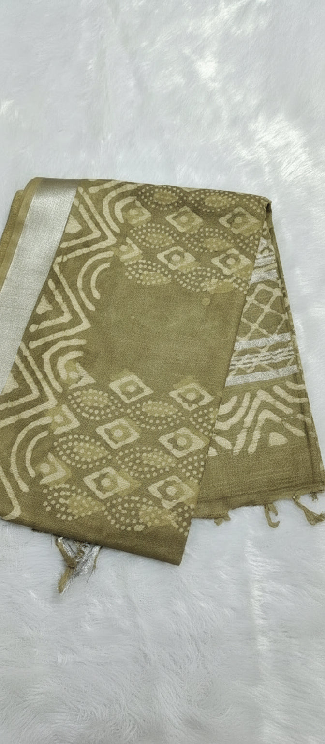 Block Print Methi Green Linen Saree