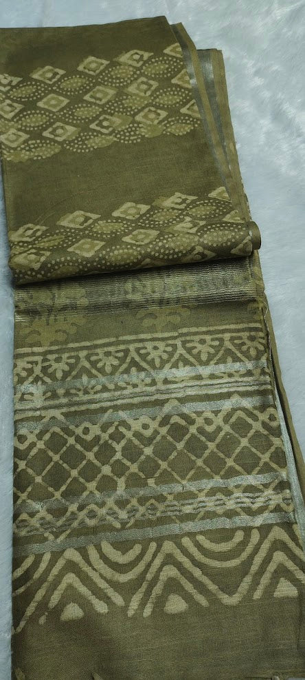 Block Print Methi Green Linen Saree