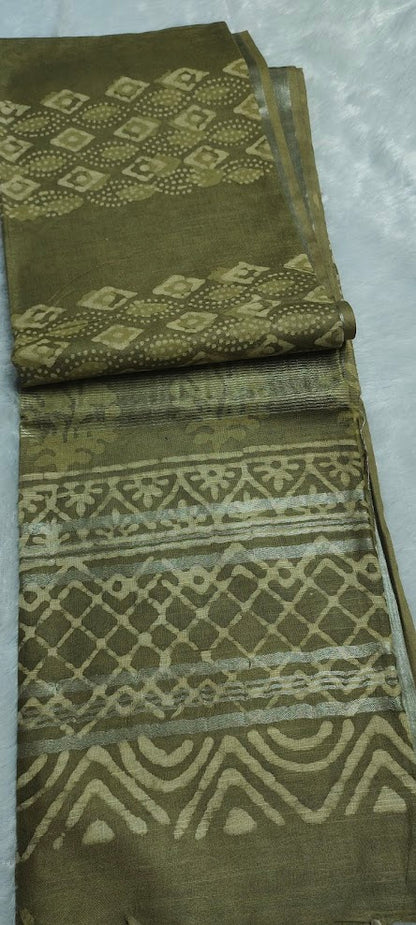 Block Print Methi Green Linen Saree