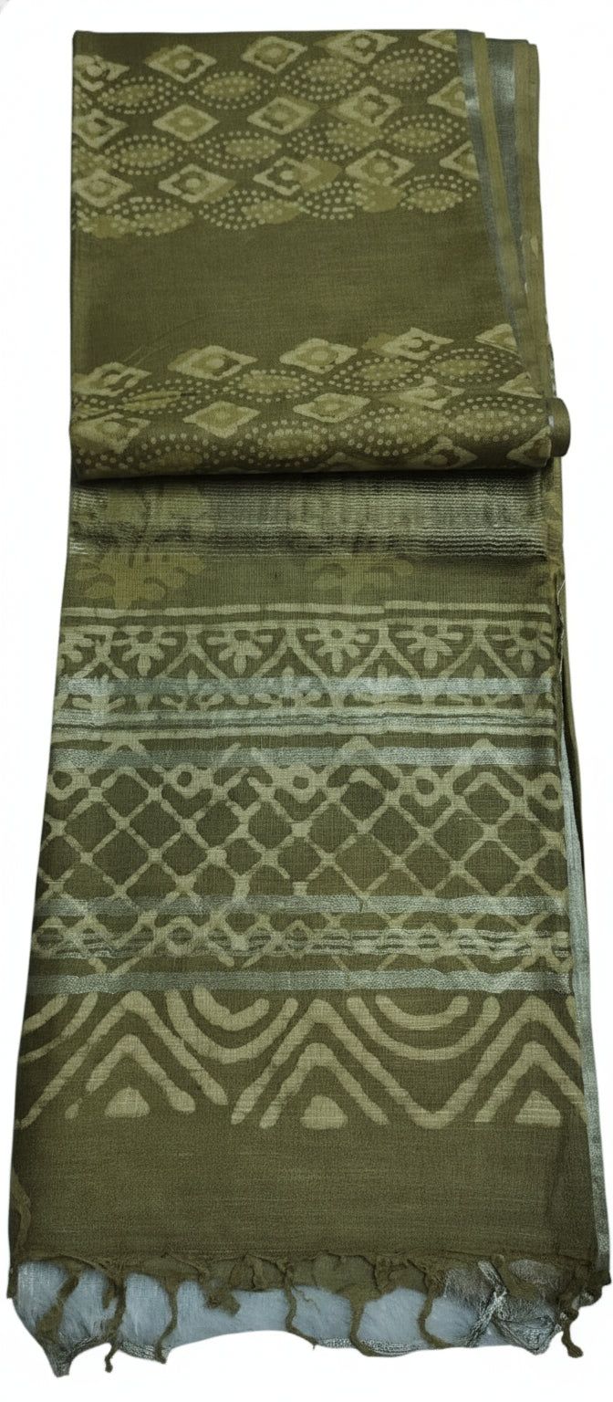 Block Print Methi Green Linen Saree