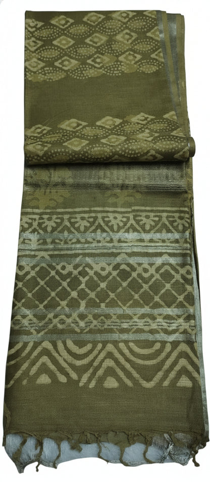 Block Print Methi Green Linen Saree