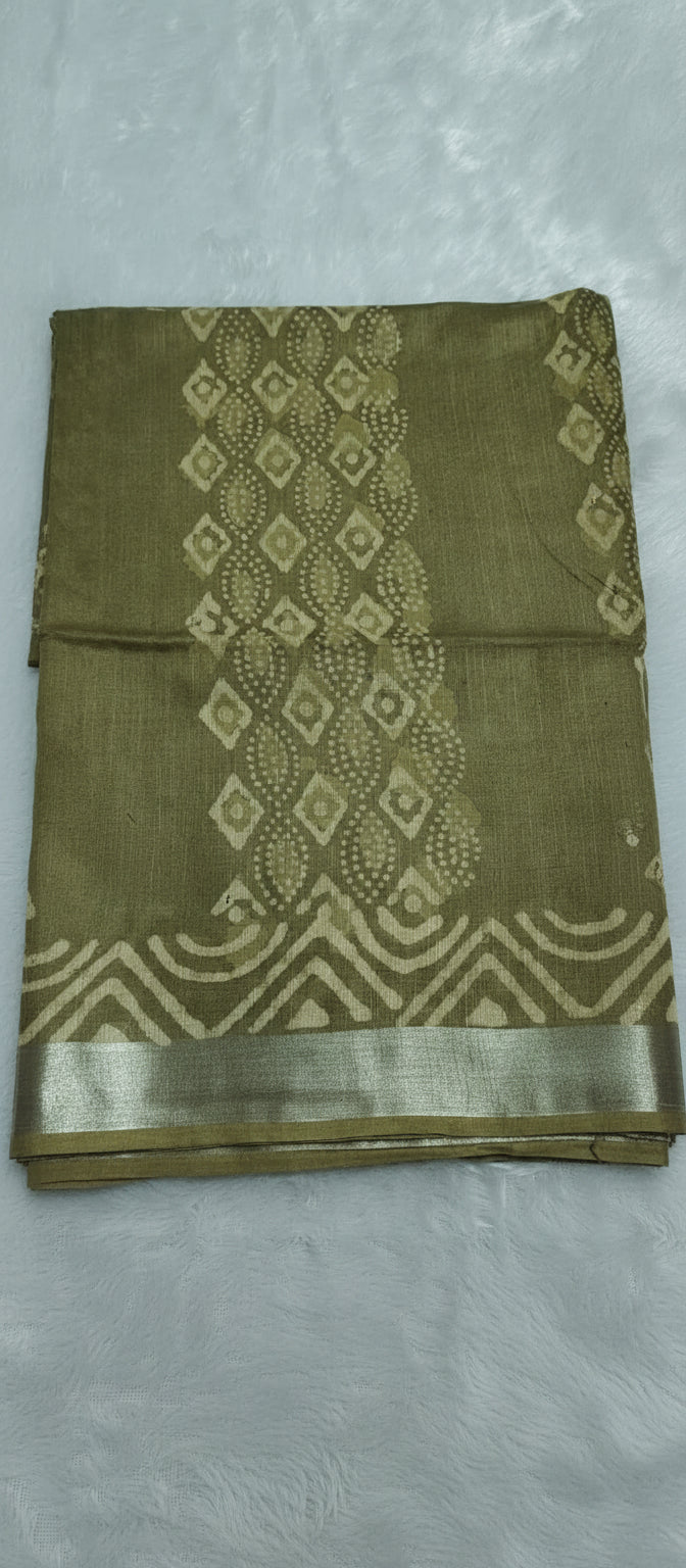 Block Print Methi Green Linen Saree