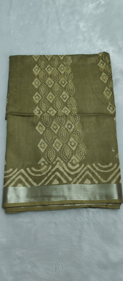 Block Print Methi Green Linen Saree